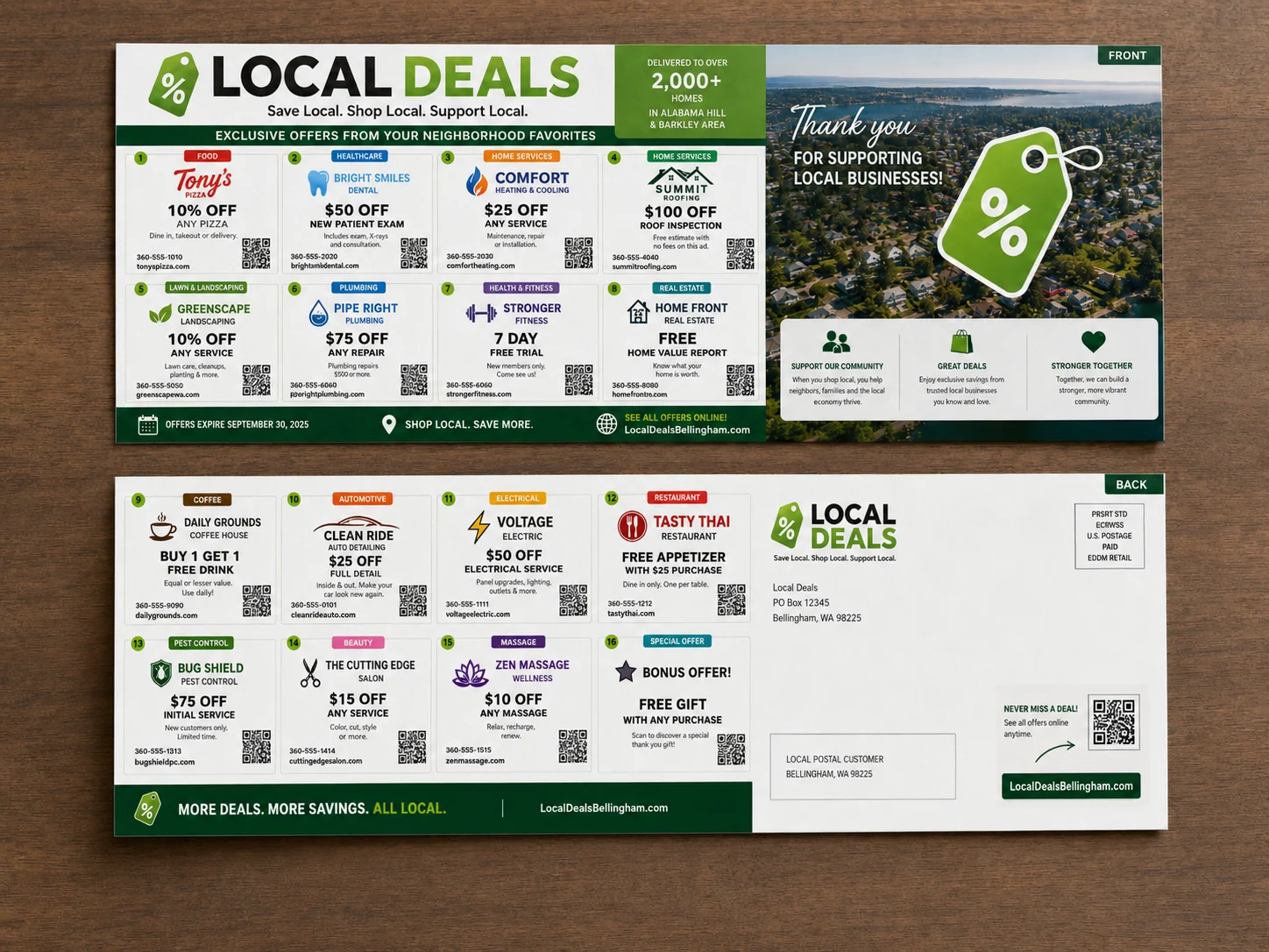 Concept preview showing the front and back of a Local Deals coupon mailer